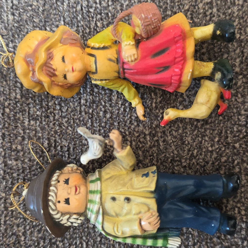 2 Adorable Vintage Figurine Ornaments Boy with Bird Girl Geese Bradford Novelty